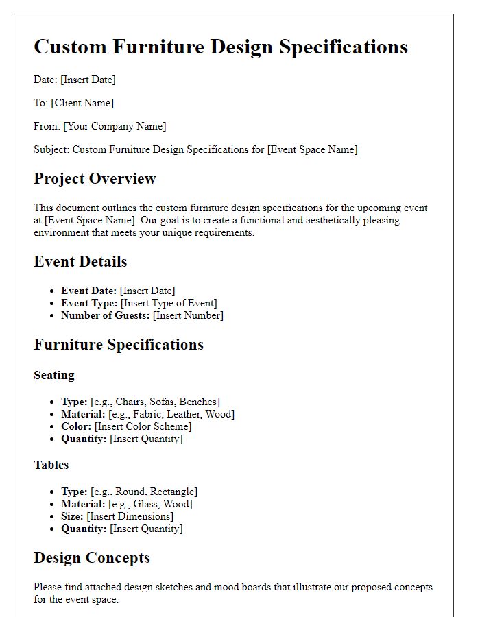 Letter template of custom furniture design specifications for event space