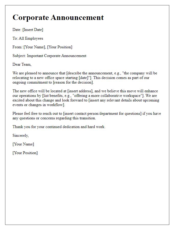 Letter template of corporate communication announcement