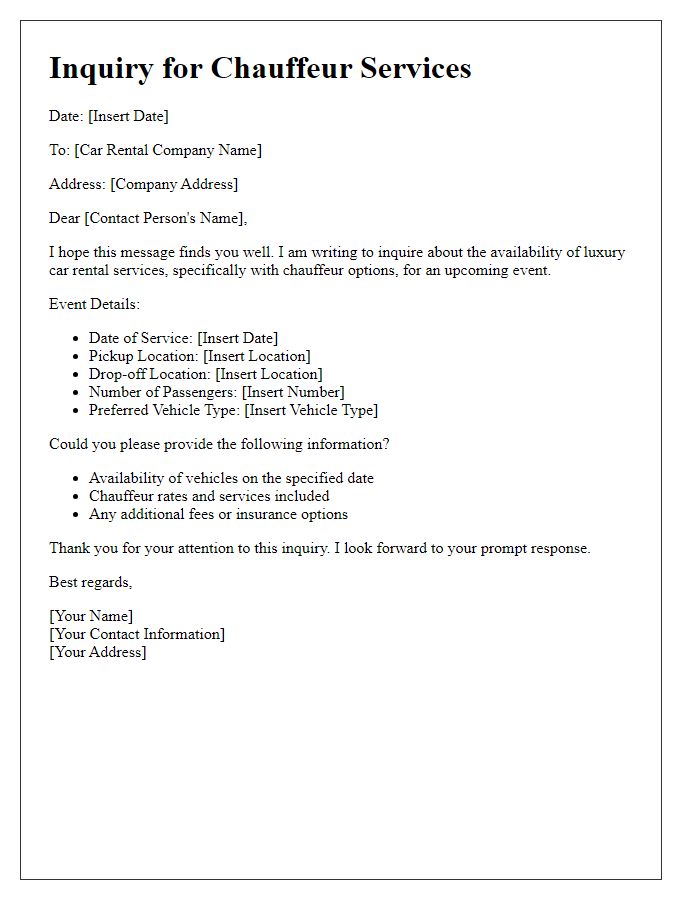 Letter template of luxury car rental inquiry for chauffeur services.