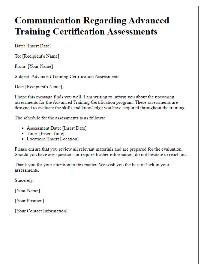 Letter template of communication regarding advanced training certification assessments