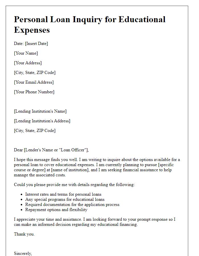 Letter template of personal loan inquiry for educational expenses