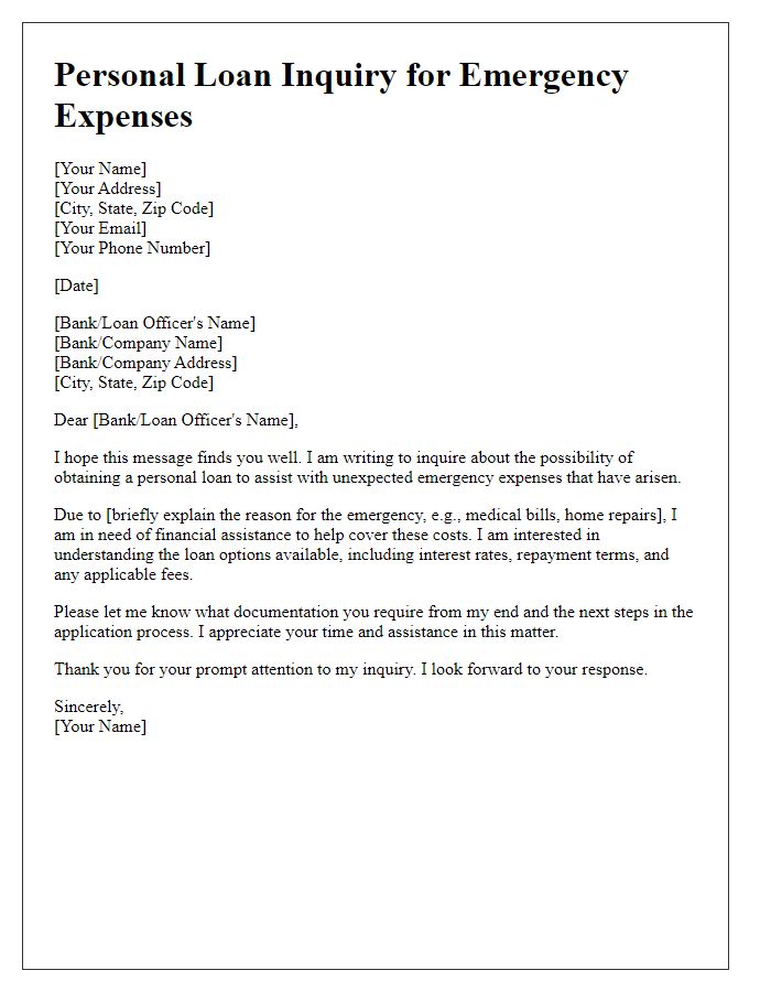 Letter template of personal loan inquiry for emergency expenses