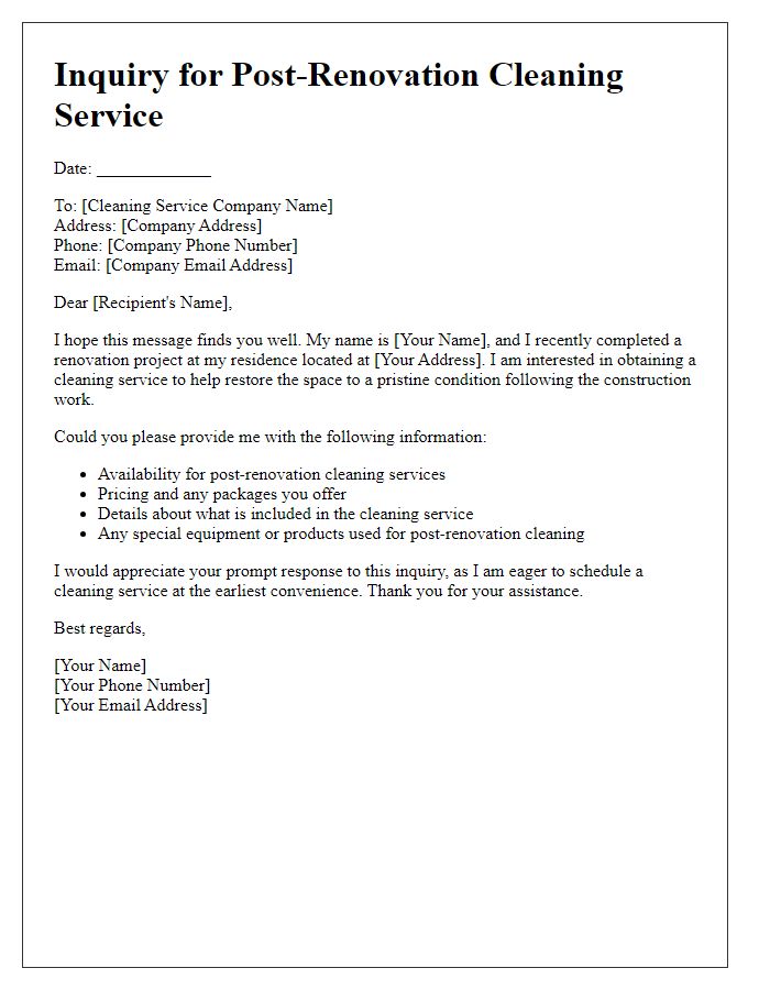 Letter template of residential cleaning service inquiry for post-renovation cleaning.