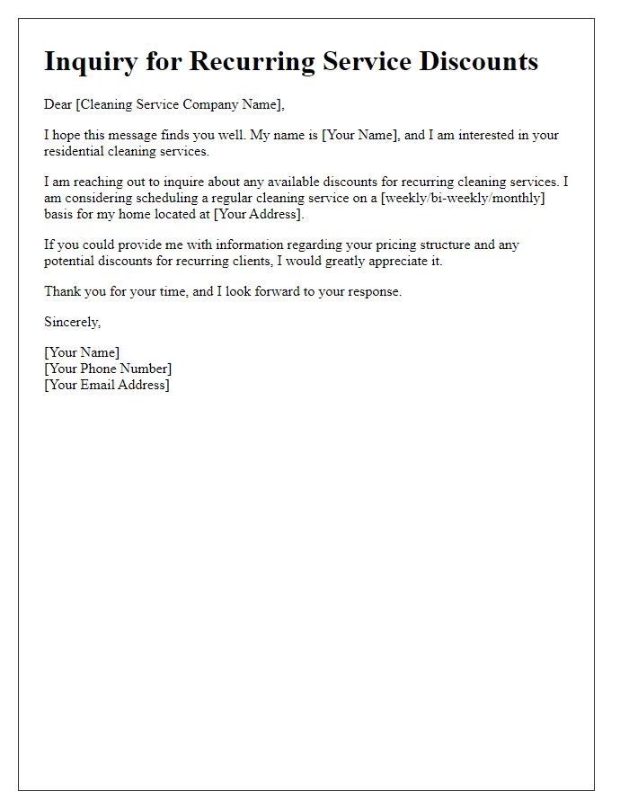 Letter template of residential cleaning service inquiry for recurring service discounts.