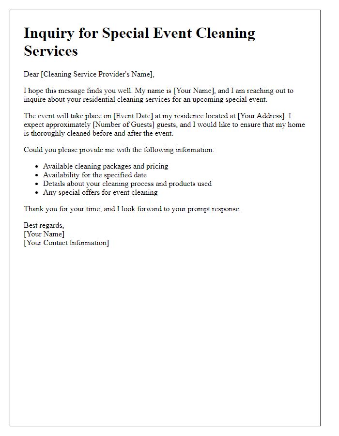 Letter template of residential cleaning service inquiry for special event cleaning.