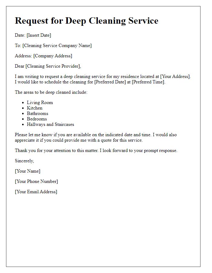 Letter template of residential cleaning service request for deep cleaning.