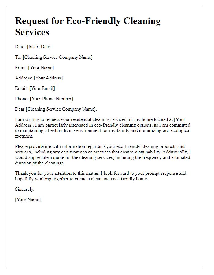 Letter template of residential cleaning service request for eco-friendly cleaning options.