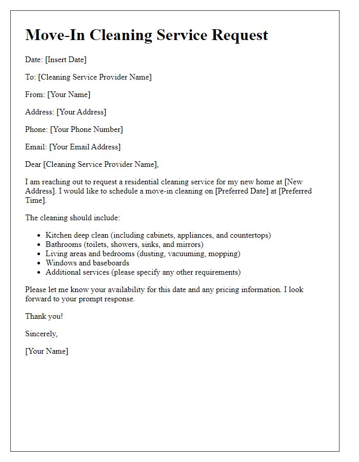 Letter template of residential cleaning service request for move-in cleaning.