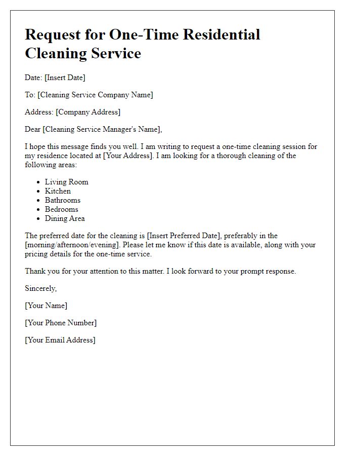 Letter template of residential cleaning service request for a one-time cleaning session.