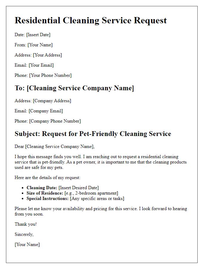 Letter template of residential cleaning service request for pet-friendly cleaning.