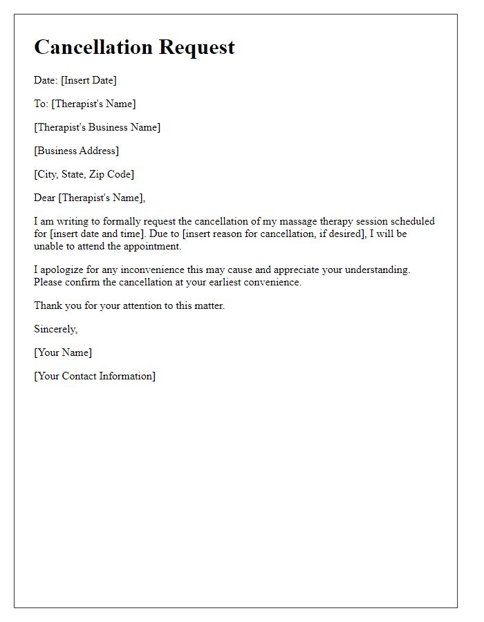 Letter template of cancellation request for massage therapy session