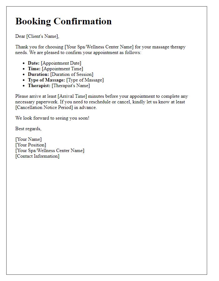 Letter template of confirming a massage therapy booking