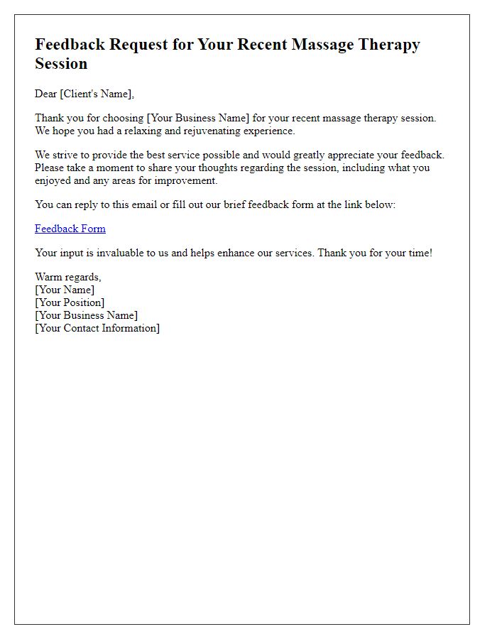 Letter template of feedback request post massage therapy session