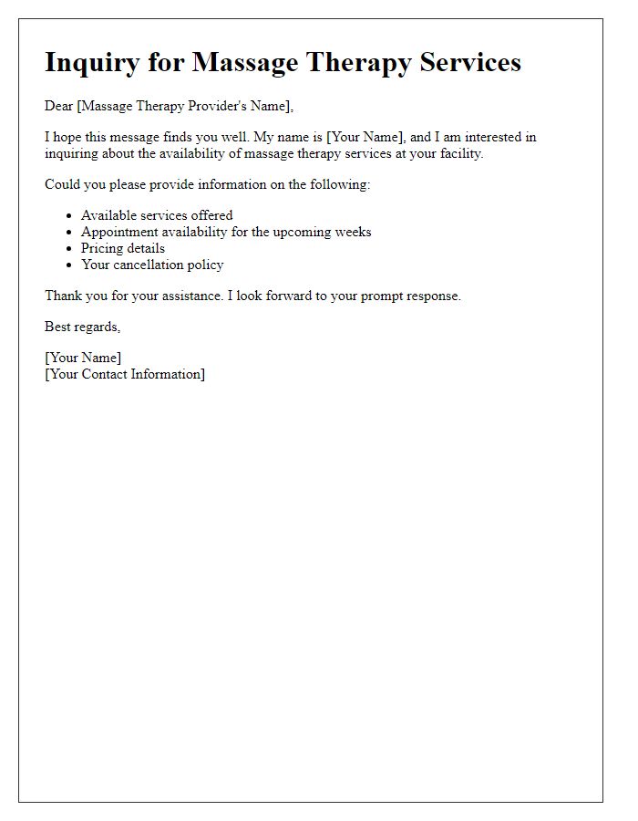 Letter template of inquiry for massage therapy services availability