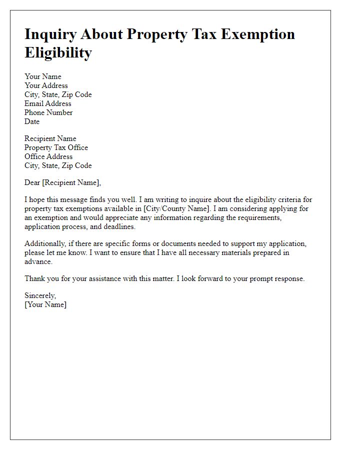 Letter template of inquiry about property tax exemption eligibility