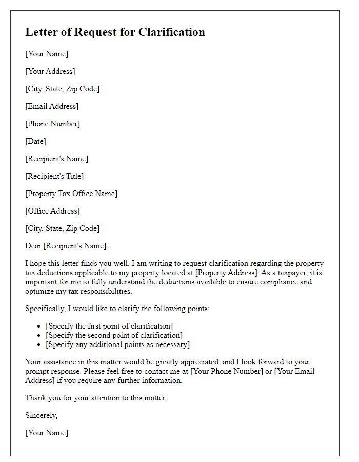 Letter template of request for clarification on property tax deductions