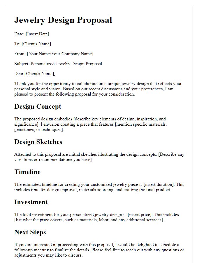 Letter template of individualized jewelry design proposal.