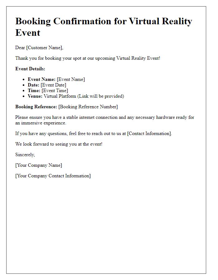 Letter template of booking for a virtual reality event