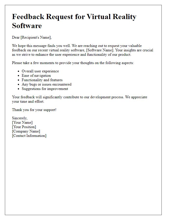 Letter template of feedback request for virtual reality software