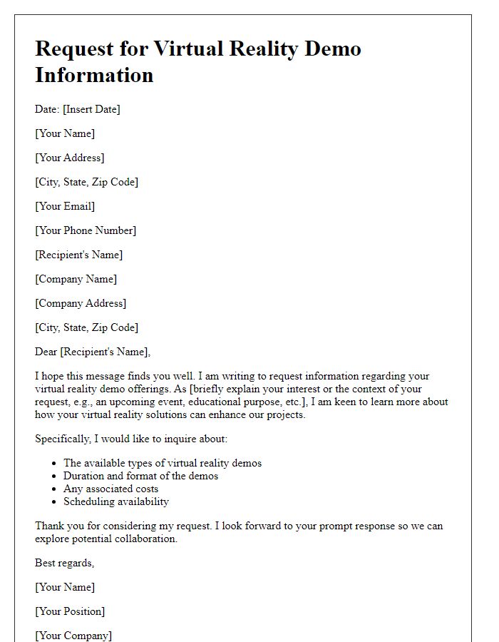 Letter template of request for virtual reality demo information