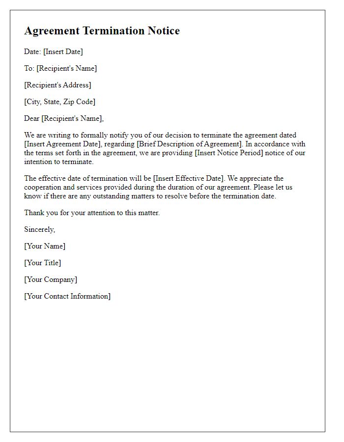 Letter template of Agreement Termination Notice