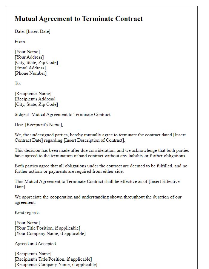 Letter template of Mutual Agreement to Terminate Contract