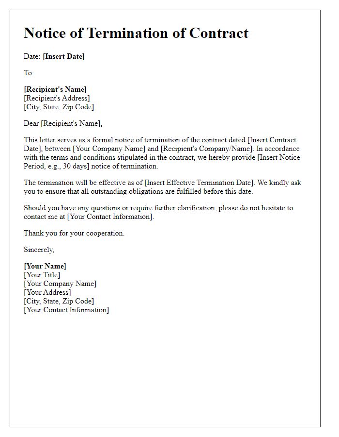 Letter template of Notice of Termination of Contract