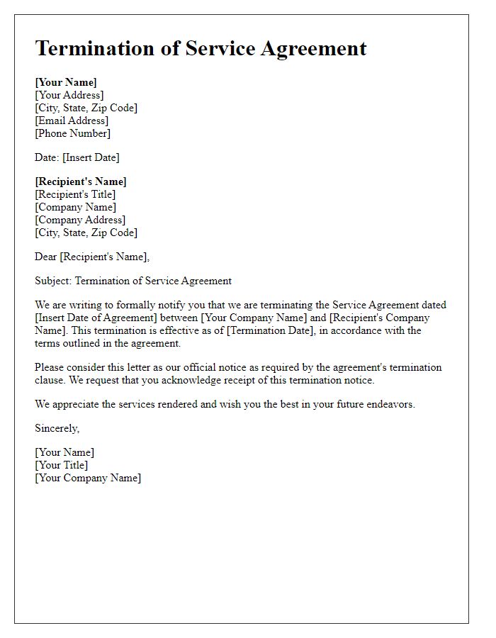 Letter template of Termination of Service Agreement