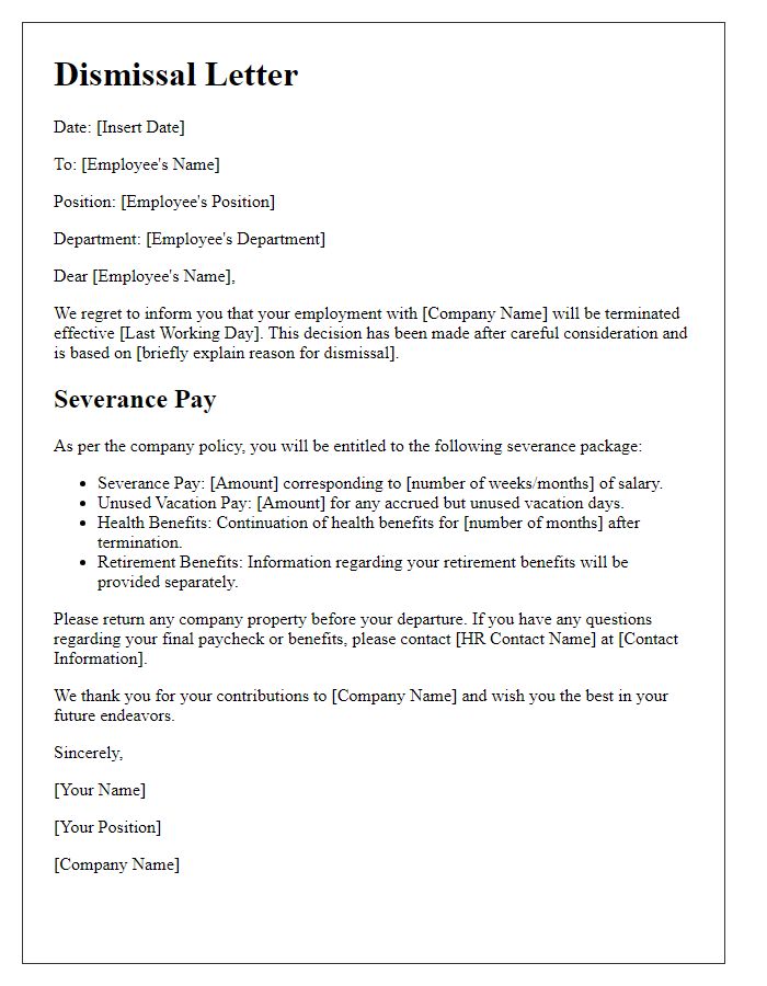 Letter template of dismissal with outlined severance pay