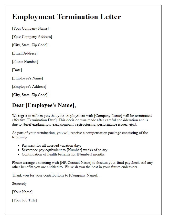 Letter template of employment termination with compensation