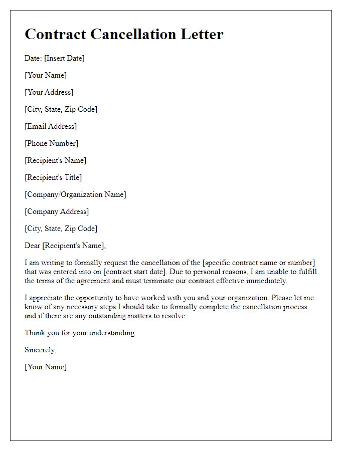 Letter template of contract cancellation for personal reasons.