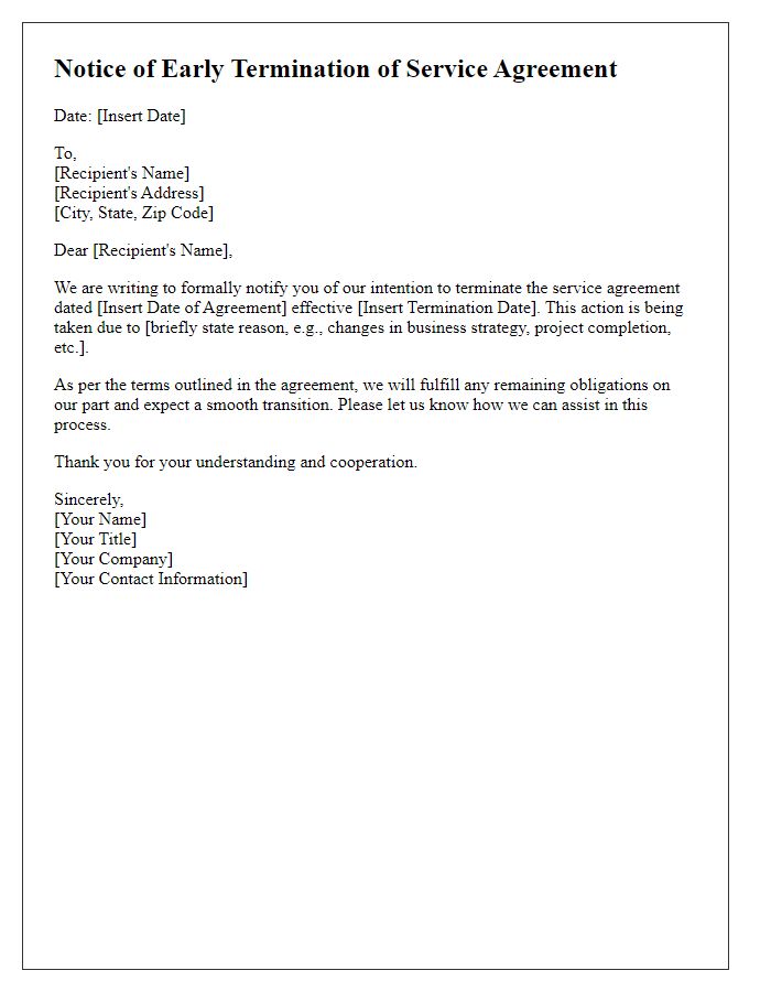 Letter template of notice for early end of service agreement.