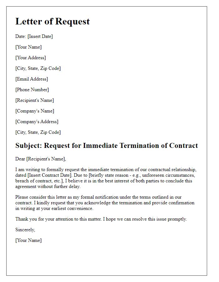 Letter template of request for immediate end of contractual relationship.