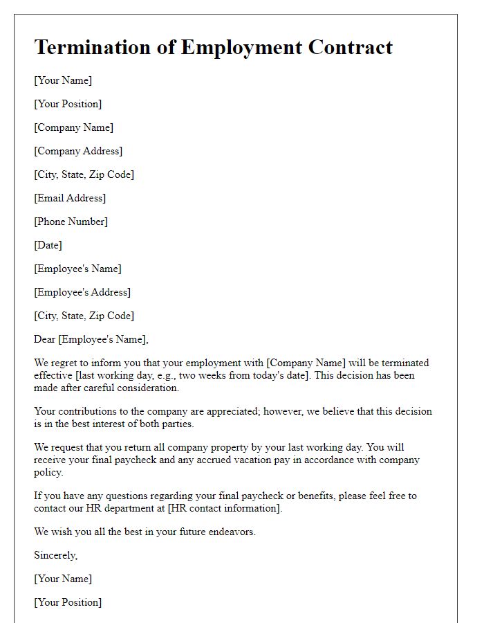 Letter template of termination of employment contract prior to completion.