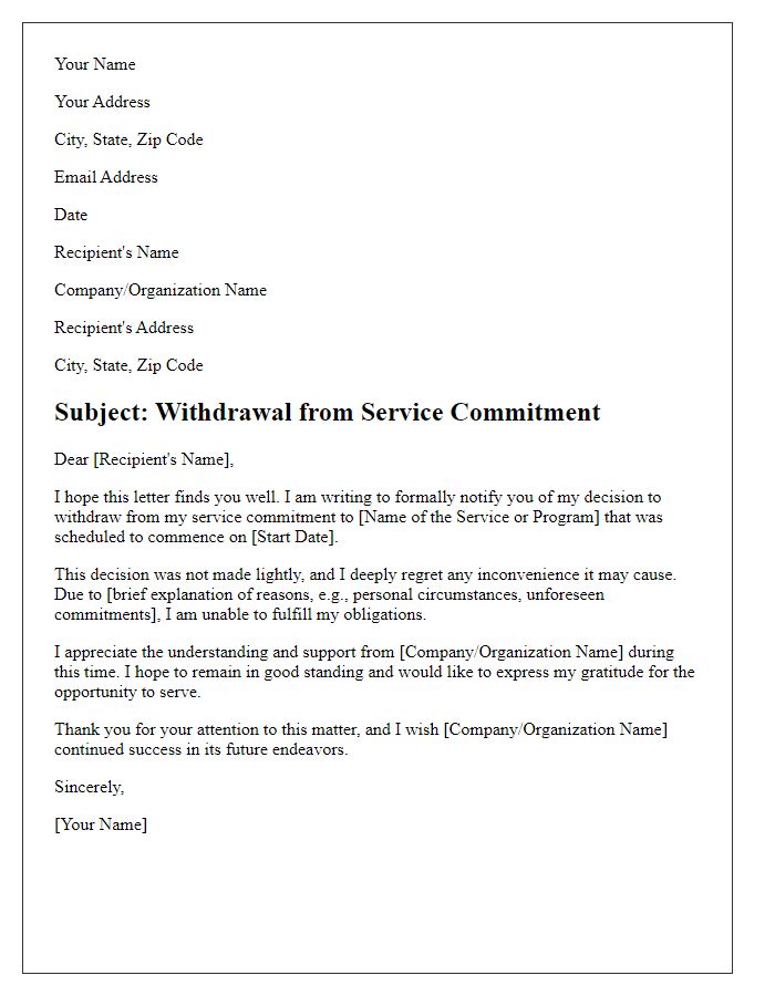 Letter template of withdrawal from service commitment beforehand.