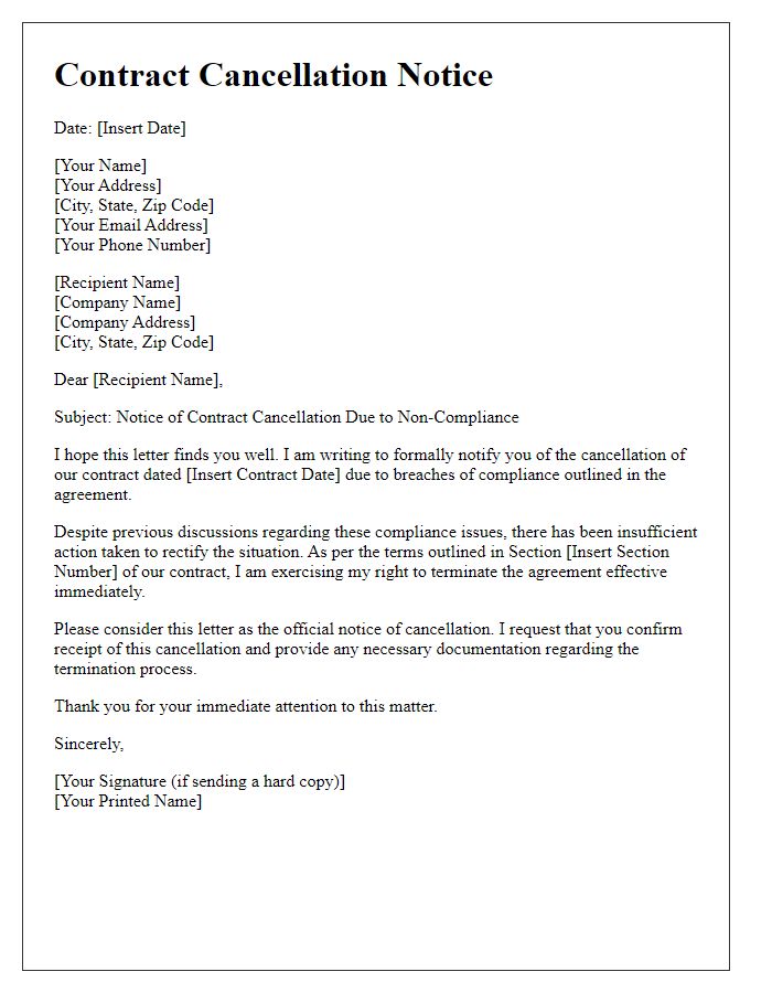 Letter template of contract cancellation due to non-compliance