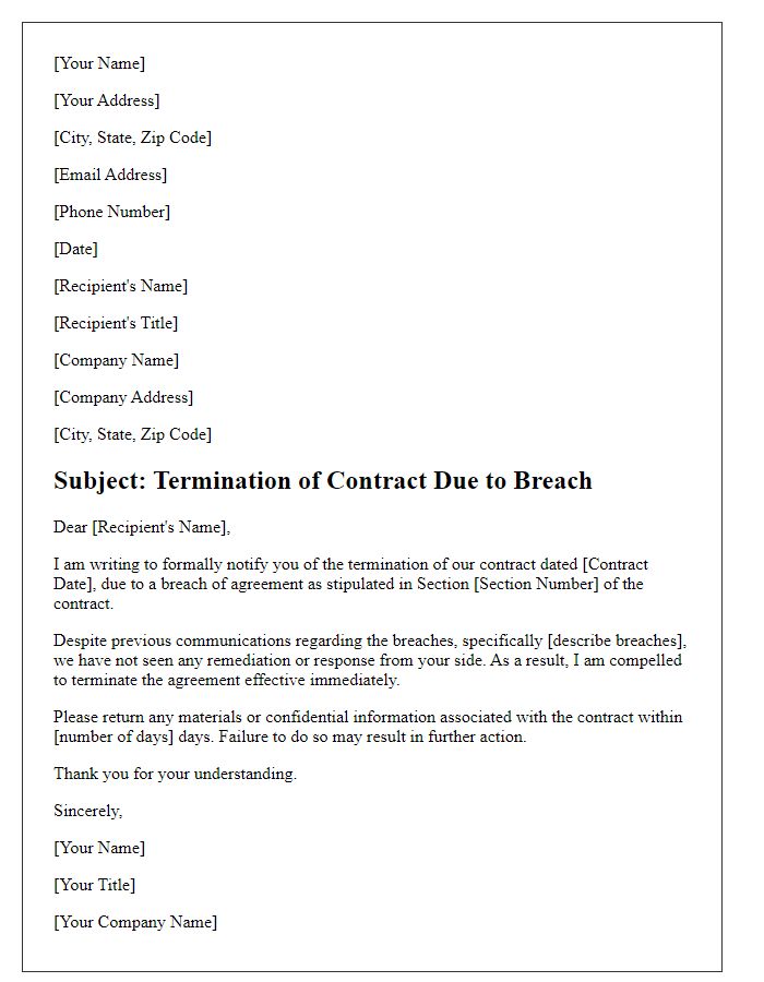 Letter template of contract termination due to breach of agreement