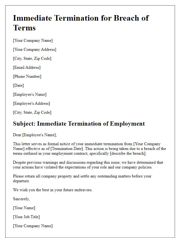 Letter template of immediate termination for breach of terms