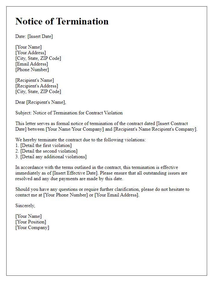 Letter template of notice of termination for contract violation