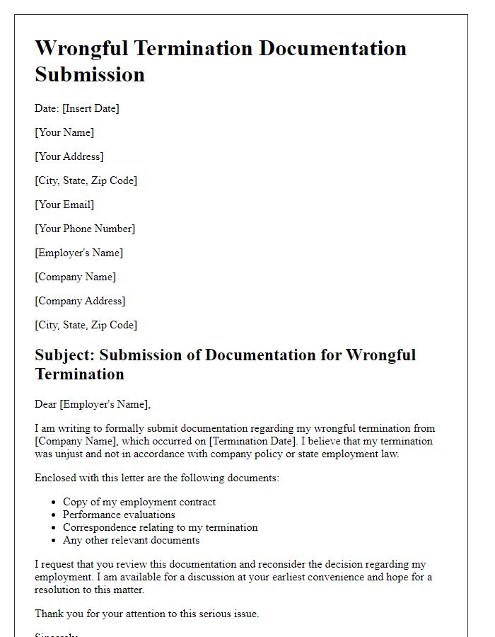 Letter template of wrongful termination documentation submission