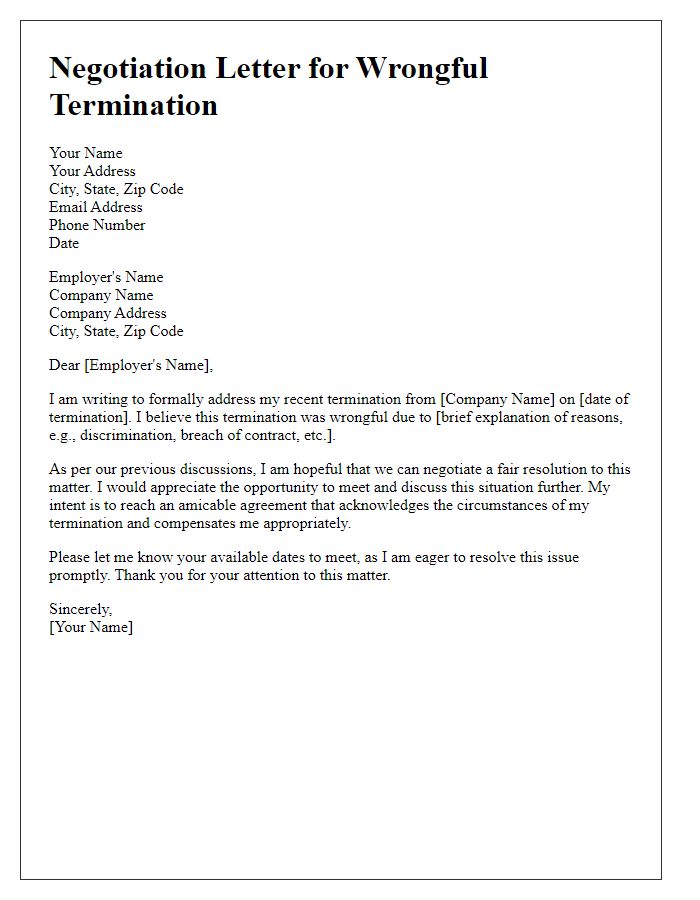 Letter template of wrongful termination negotiation