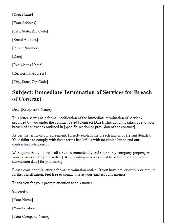 Letter template of immediate termination of services for breach of contract.