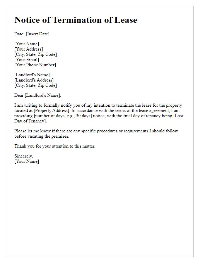 Letter template of formal notice to end lease.