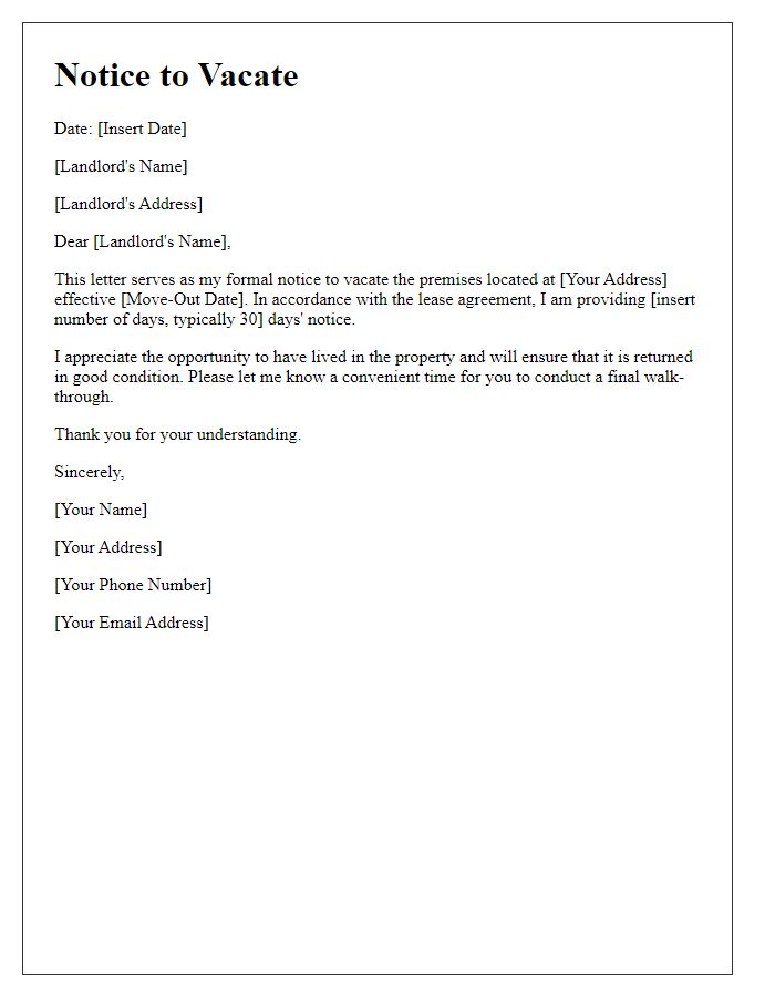 Letter template of notice to vacate residential rental.