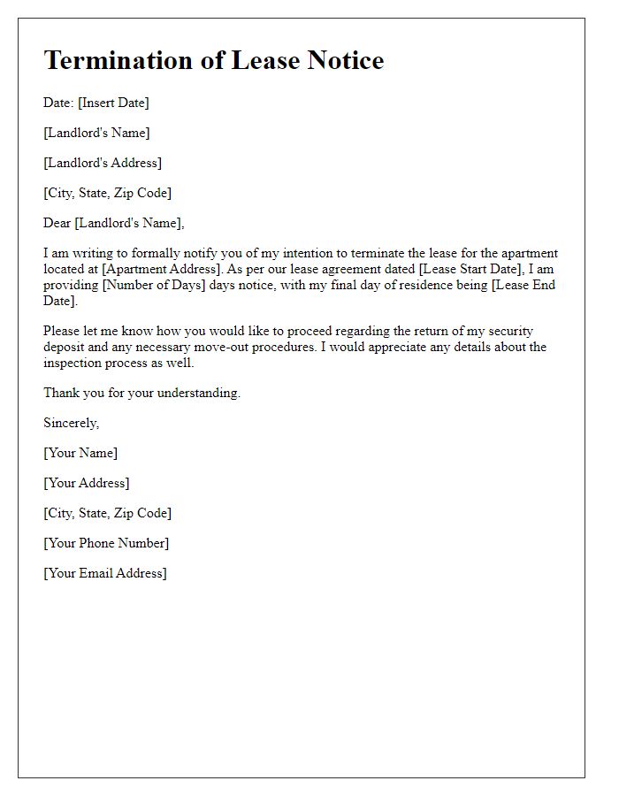 Letter template of termination of apartment lease.