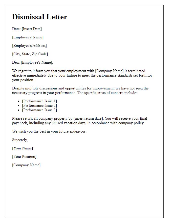 Letter template of dismissal for failure to meet performance standards