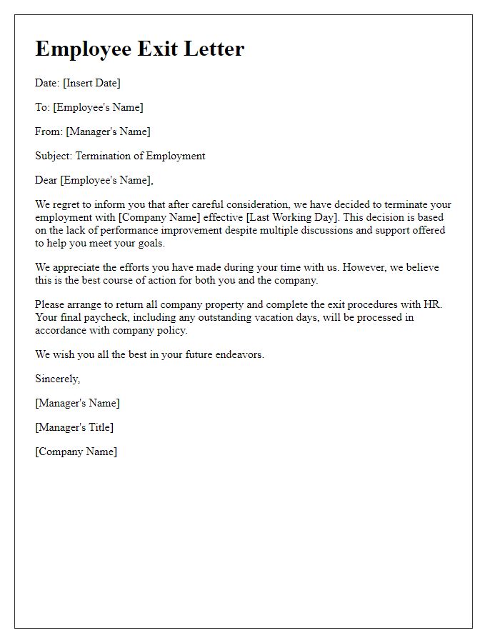 Letter template of employee exit due to lack of performance improvement