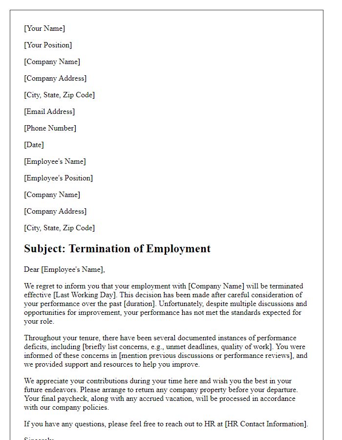 Letter template of firing due to repeated performance deficits