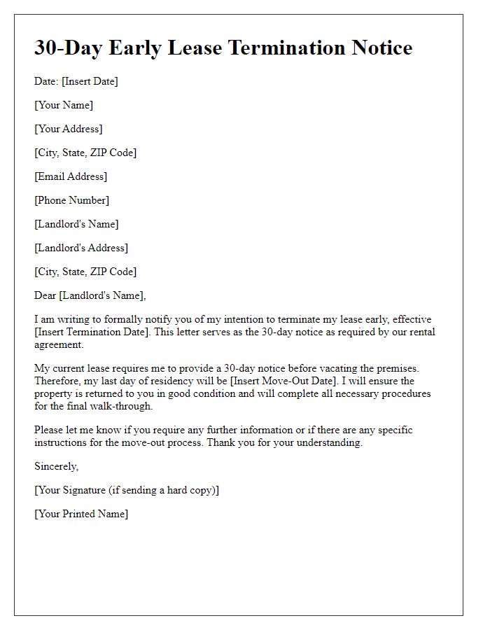 Letter template of 30-Day Early Lease Termination Notice