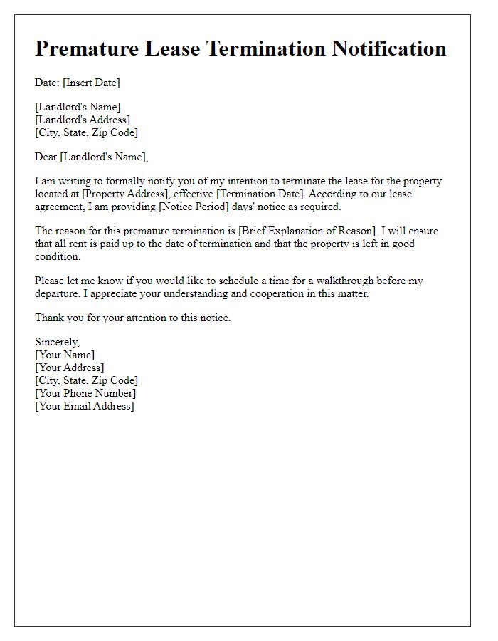 Letter template of Premature Lease Termination Notification